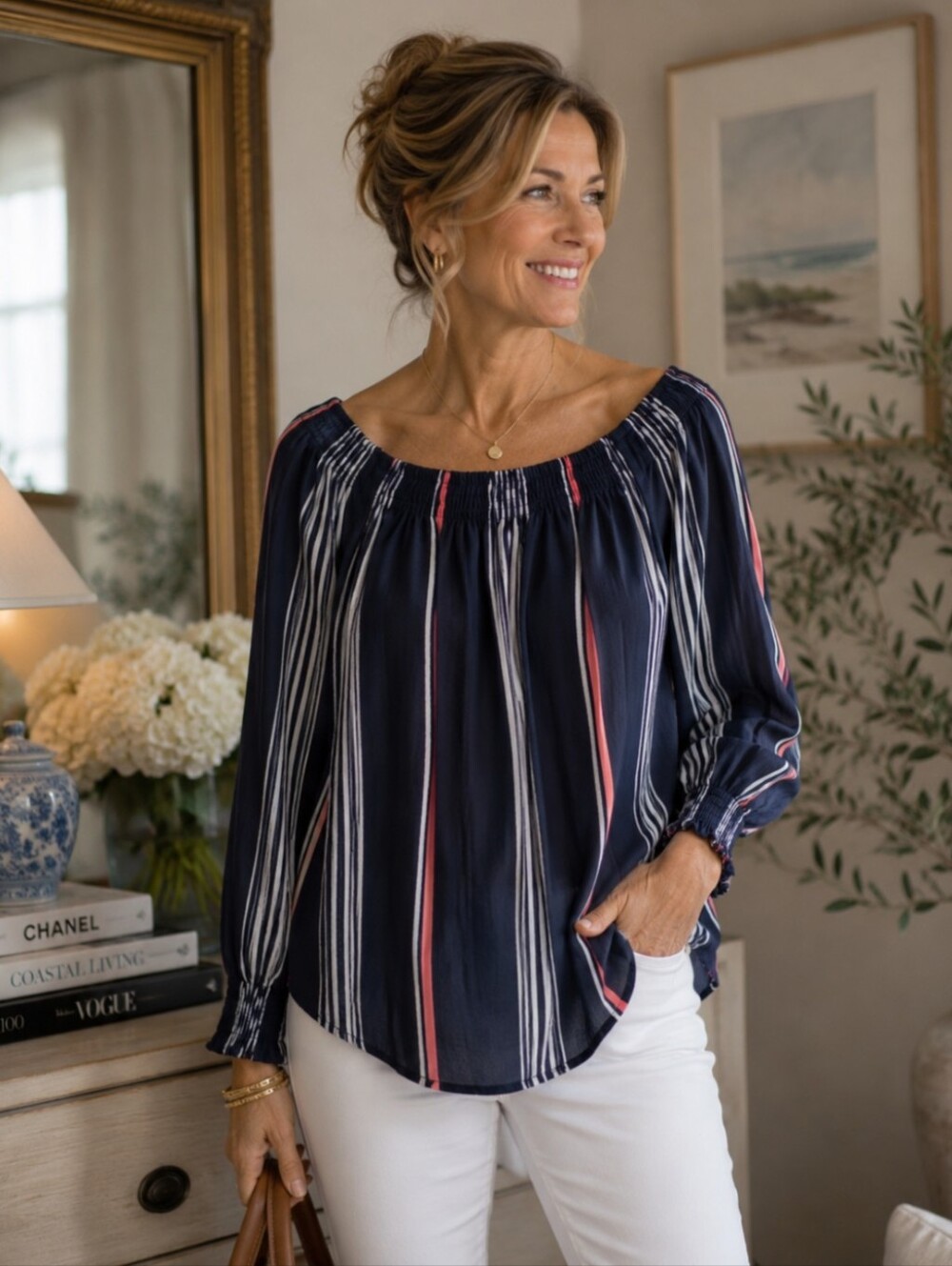 Express Women's Medium Blouse | Blue w/Warm Pink & White | Bundle & Save!